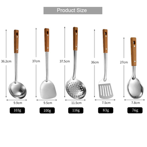 Espátula de Acero Inoxidable, Colador, Cuchara, Cucharón con Mango de Imitación Madera, Utensilios de Cocina con Aislamiento, Juego de 5 Piezas - Product Image 3