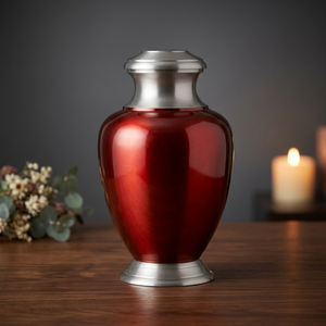 Modern Aluminum Cremation Urn Ashes Keepsake Urn Memorial Jar Opaque <b>Red</b> with Silver Lid Tabletop Decor - Indian Home Crafts - Product Image 1