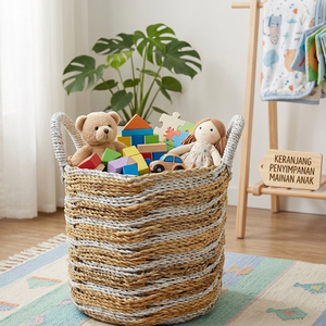 Two Tone Natural Straw Woven Storage Basket Eco Friendly Rattan Planter Pot Cover Laundry <b>Hamper</b> With Handles For Home Decor - Product Image 5