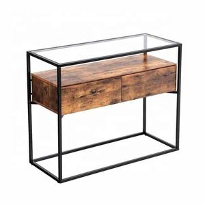 Table <span class=keywords><strong>console</strong></span> d'entrée en verre transparent <span class=keywords><strong>avec</strong></span> <span class=keywords><strong>2</strong></span> <span class=keywords><strong>tiroirs</strong></span> en bois - Product Image 1