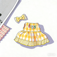 Peluche Teddy ISLAND sous licence mondiale, modèle énergique, avec robe brodée à carreaux jaune et blanc et nœud à carreaux
