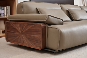 Conjunto Modular Seccional de 3 Plazas de Cuero de Grano Completo, Extra Grande y Confortable, con Decoración en Nogal y Reposabrazos Laterales Extensibles, para Apartamento - Product Image 2