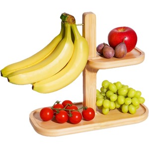 Estante de madera para frutas de 2 niveles, soporte de almacenamiento de escritorio con soporte para plátanos para exhibir en la encimera de la cocina - Product Image 5