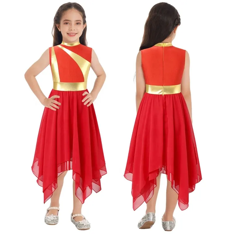 Vestido de baile de alabanza para niñas y niños, vestido de dobladillo asimétrico sin mangas de retazos, traje de baile lírico moderno