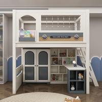 Lit mezzanine de luxe JS pour adolescents, lit mezzanine pour enfants, durable et confortable, structure en bois massif avec échelle, armoire et toboggan