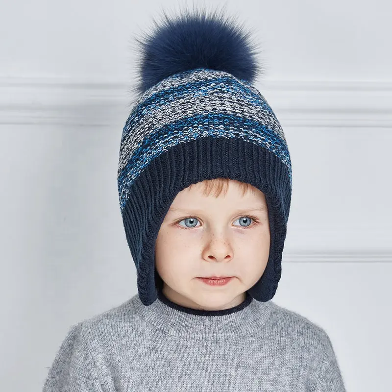 Winter Kids Woolen Knitted Jacquard Patterns Beanie Natural Fur Pompom Boys EarFlap Hats Warm Double Layer Children Ski Hat