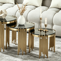 Ensemble de tables basses rondes modernes, plateau en verre trempé noir, structure en métal à tubes cannelés dorés, table d'appoint pour salon