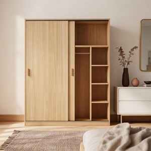 <span class=keywords><strong>Ropero</strong></span> de Almacenamiento Alto de Madera Marrón Moderno Personalizado OEM con 2 Puertas Correderas, Barra para Colgar y Estantes para Proyectos de Dormitorios y Hoteles - Product Image 4