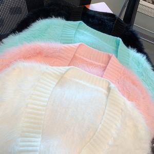 Suéter de mujer de manga larga de <span class=keywords><strong>pelo</strong></span> de visón cómodo Rosa <span class=keywords><strong>cuello</strong></span> en V suéter abrigo de mujer más grueso cálido cárdigan Suelto - Product Image 6