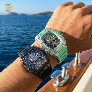 Reloj de pulsera mecánico SANYIN con logotipo personalizado, de lujo para hombre, con esqueleto transparente, correa de silicona plástica, caja acrílica tipo tonneau, OEM. - Product Image 3