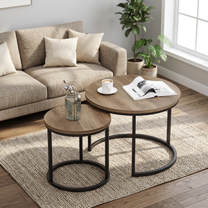 Modern Round <b>Nesting</b> <b>Coffee</b> <b>Table</b> <b>Set</b> with Wood Effect Tops and Black Metal Frames for Living Room Lounge Decor Home Use - Product Image 1