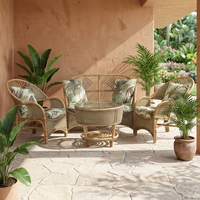 Ensemble de salon en rotin tropical écologique avec table basse et deux chaises, design moderne fait main pour terrasse