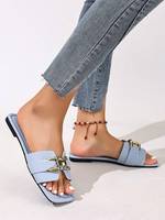 Sandales plates pour femmes en cuir PU à bout ouvert avec bride et boucle métallique, à enfiler, vente en gros, chaussons d'été décontractés et confortables