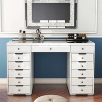 Table de toilette moderne française à miroir brillant, table de toilette de princesse en verre avec rangement caché dans le coin, table de maquillage avec 13 tiroirs