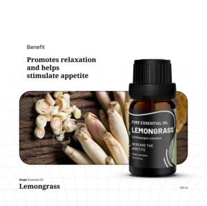 Huile Essentielle Pure de Citronnelle 10 ml Distillée à la Vapeur 100% Pure Parfum Agrumes pour la Relaxation et le Soutien de l'Appétit - Product Image 1
