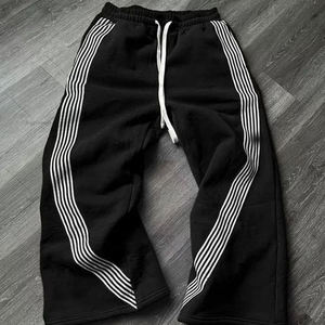 <b>Men's</b> Gray Cotton Sweatpants Elastic Waist Drawstring Side Stripe Casual Loose Fit Midweight Knitted Pants Autumn Style - Product Image 1