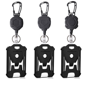 Factory wholesale heavy-duty easy-pull buckle black outdoor card <b>holder</b> 1.0 steel wire rope telescopic key carabiner <b>ID</b> <b>holder</b> - Product Image 1