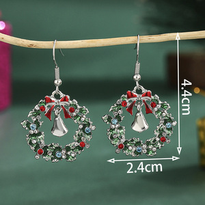 Cross-border Europe and the United States Christmas wreath <b>earrings</b> green diamond <b>earrings</b> rhinestone bell ear <b>hook</b> bow - Product Image 3
