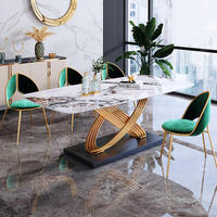 Table à manger rectangulaire moderne de luxe avec plateau en marbre et pieds en acier inoxydable, durable, écologique, personnalisable pour la maison