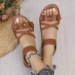 Women Flower Braided Flat <b>Sandals</b> <b>Elastic</b> Ankle Strap Open Toe Summer Casual Beach Ladies Flat Shoes - Product Image 2