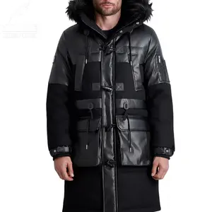 YuFan ODM Veste longue en cuir PU pour hommes Nouveau design Manteaux d'hiver en duvet avec capuche en fourrure Logo personnalisé imprimé