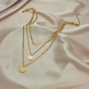 Multi Layer Gold Stainless Steel Necklace With Engraved Round Pendant For Gift - Product Image 3