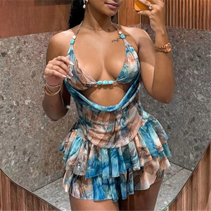Women 2 Piece Summer Outfits Sey Print Sleeveless Lace up Crop Tops Ruffle Mini Skirt <b>Set</b> - Product Image 1