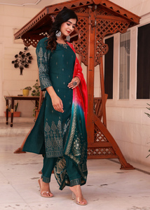 Ensemble prêt-à-porter pour femmes en tissu rayonne, style ethnique, col en V, manches courtes, silhouette trapèze, Kurta avec pantalon et dupatta - Product Image 5