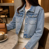 BEAUDRM Veste en jean pour filles, boutonnée, manches longues, manteau en jean, streetwear, été, bleu clair, nylon/coton, lavage en machine