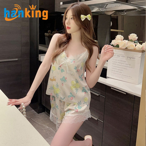 Conjunto de Pijama Feminino Ehanking com Estampa de Letras em Renda, Top e Shorts, Pijamas de Seda Gelada Macios e Confortáveis - Product Image 1