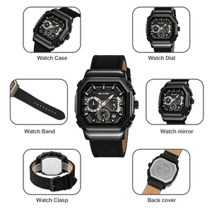 Men's octagonal black-gold chronograph watch Waterproof quartz wristwatch with leather strap - Product Image 2