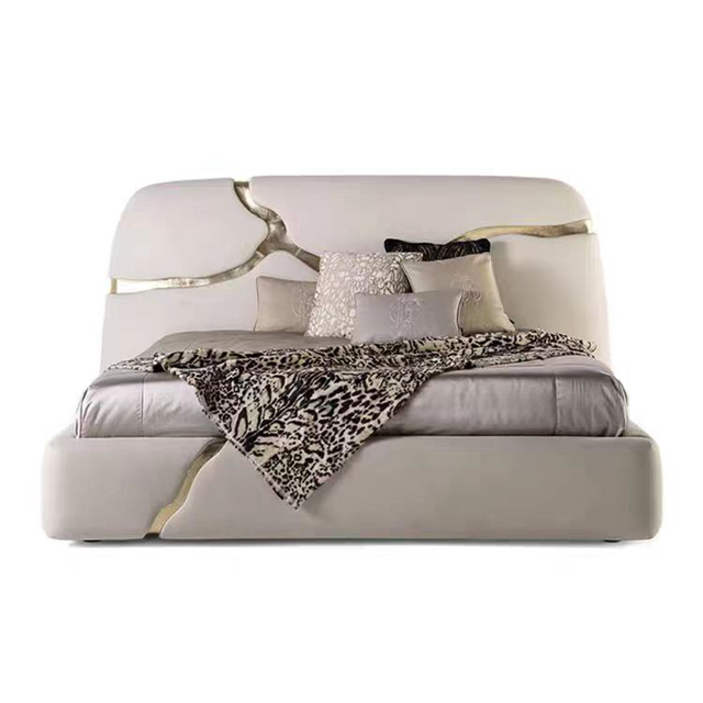 Italian Style Luxury Bedroom Furniture Modern Villa Metal Crackle Design Beige Velvet Upholstered Twin Box Spring Soft Bed