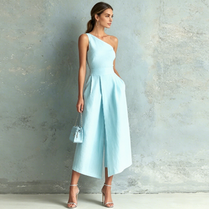 Mono casual de verano para mujer, azul claro, de un solo hombro, pierna ancha, sin mangas, cintura natural, estilo <span class=keywords><strong>culotte</strong></span> - Product Image 2