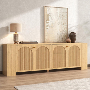 Mid Modern Eco-Friendly Fluted Flat Panel 4-Door Extra Long Buffet Sideboard <b>Cabinet</b> for Dining Room Kitchen Entry Large <b>Storage</b> - Product Image 1