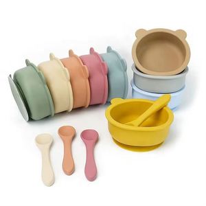 Assiettes d'apprentissage pour bébés avec ventouse en silicone, cuillère et bol en forme d'ours - Product Image 1