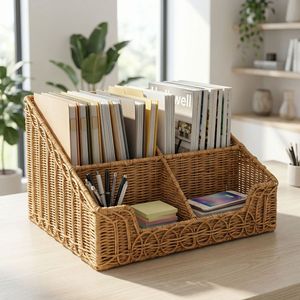 Rattan Hand-woven Rectangular Storage Basket for Office Desktop Sundries Storage No Installation Required - Product Image 1