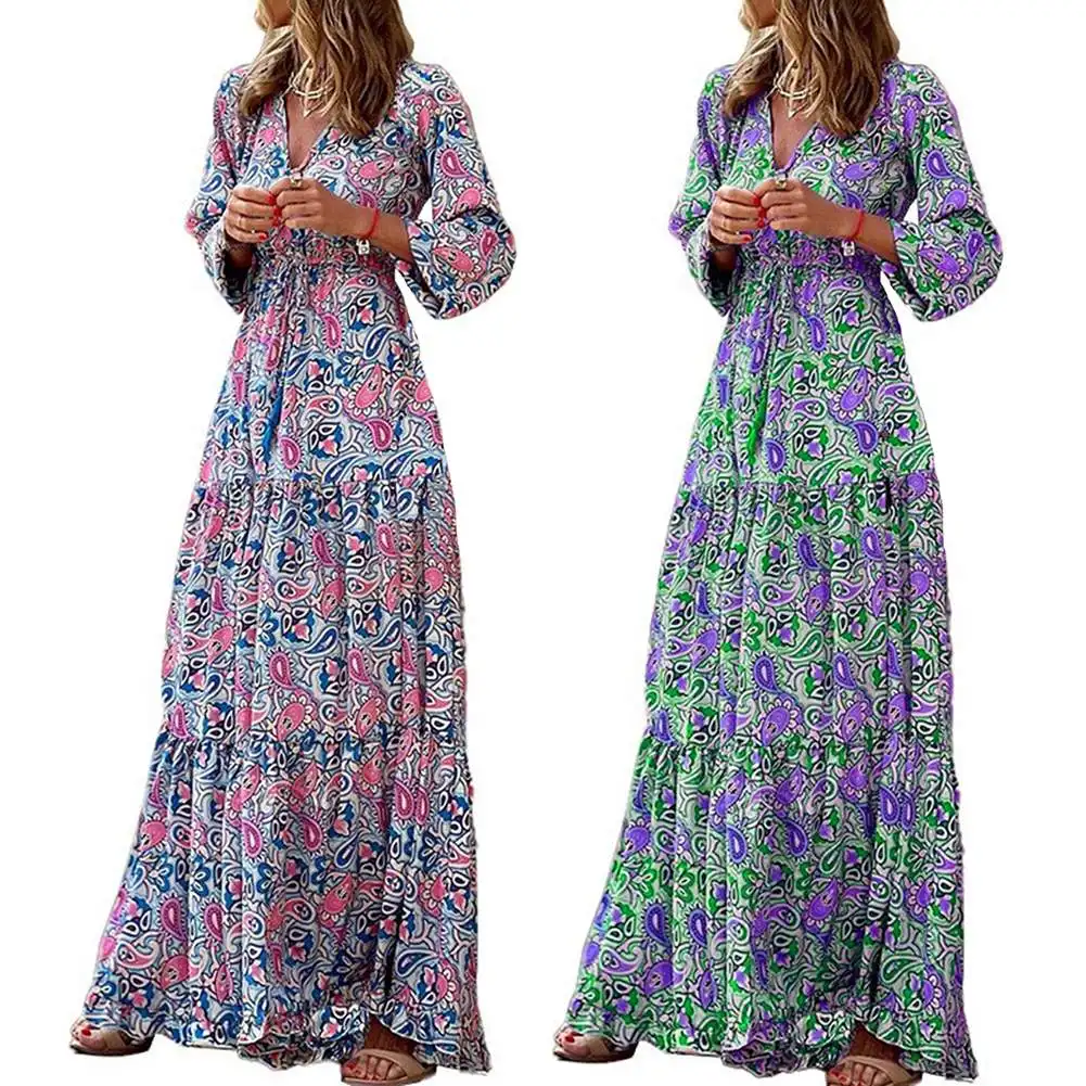 Wholesale Bohemia Print Beach Dress Elegant Casual Ladies Maxi Dresses Full Sleeve
