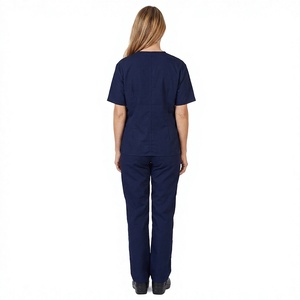 Ensemble de blouses et pantalons d'hôpital unisexe bleu marine à col en V, manches courtes, en toile légère, multi-poches - Product Image 2