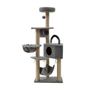 Arbre à chat moderne en rotin et bois, avec griffoirs, niches et perchoir supérieur - Product Image 1