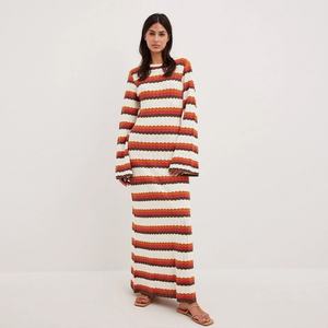 Nouvelle Robe Femme en Coton Rayée à Manches Lanternes et Col Rond Volanté, Dos Nu, Tricot Ondulé, Tendance Mode - Product Image 1