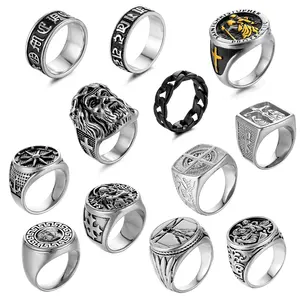 Olivia Compass Jesus Medusa Male Ancient Silver Rings Gold Plated Custom Stainless Steel Signet Drip Oil Ring Jewelry