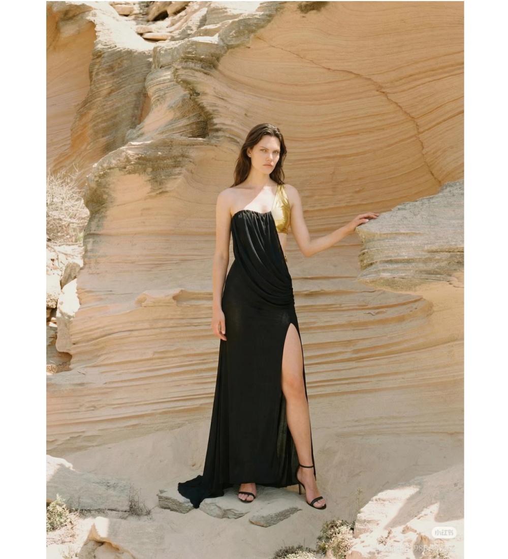 green emerald velvet dress Arianne Black Gold Chain Accent Ruched Mini Dress main image 1