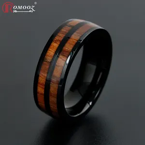 Romooz Schmuck Neues Design 8mm Whisky Holz Inlay Schwarz und Schwarz Wolfram Ring für Männer Frauen Mode Verlobung Ehering