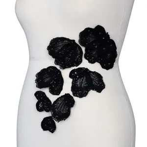 Yanzi7pcs手作りブラックレースビーズアップリケ縫製スパンコールトリミングパッチドレス服アクセサリー