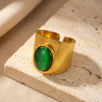 Ins Chic Vintage Statement-Fingerring aus anlaufbeständigem Edelstahl, 18 Karat vergoldet, großer ovaler grüner Katzenaugenstein, breit