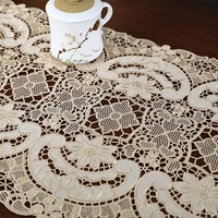 Nappe rectangulaire en polyester brodée de dentelle beige et champagne, chemin de table ajouré pour événements de restauration
