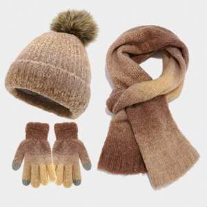 Conjunto de Gorro, Bufanda y Guantes Teñidos para Mujer 2024, Conjunto de Invierno de Tres Piezas con Gorro de Punto y Pompón de Pelo Sintético - Product Image 6