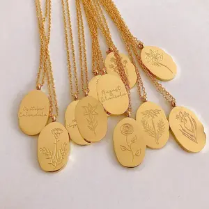 In Stock 2022 Hot 12 Birth Month Flower Design 18K Gold Plated 316L Stainless Steel Pendant Necklace For Birthday Gift