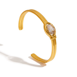 Bracelet manchette tendance en acier inoxydable plaqué or 18 carats avec zircon blanc, double couche, design ouvert, bijou unisexe, cadeau - Product Image 5