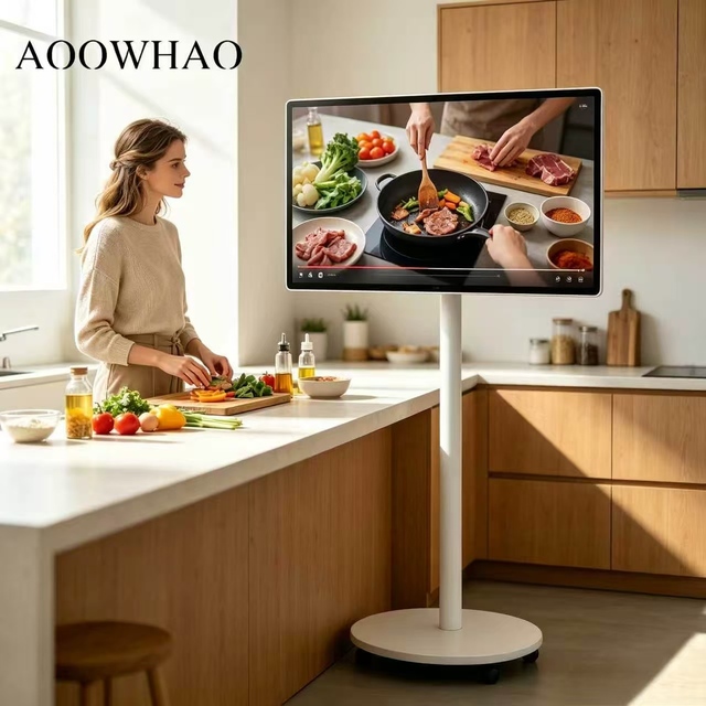 AOOWHAO 21.5 Inch 4K Digital Smart Screen Rolling Smart Screen Android Smart Portable TV  Digital Display with Lockable Wheels